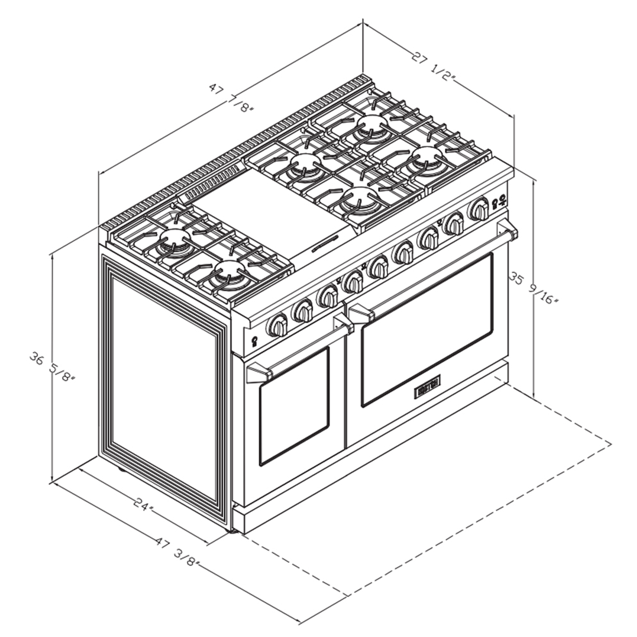 Kostch 48in Propane Gas Range with 6 sealed burners and 1 griddle, Range oven in Stainless Steel, Red