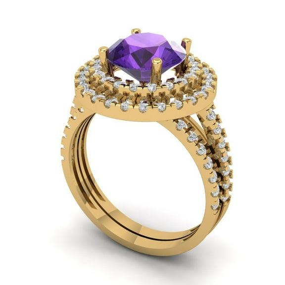 2.68 ct Brilliant Round Cut Natural Amethyst 14K Yellow Gold Halo Solitaire with Accents Engagement Bridal Wedding Ring Band Set size 6.25