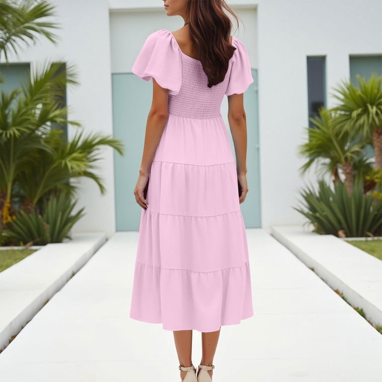sachin and babi light blue dress RYRJJ Women's Summer Casual Midi Dress Puffy Short Sleeve Square Neck  Smocked Tiered Ruffle A-Line Dresses(Pink,L)