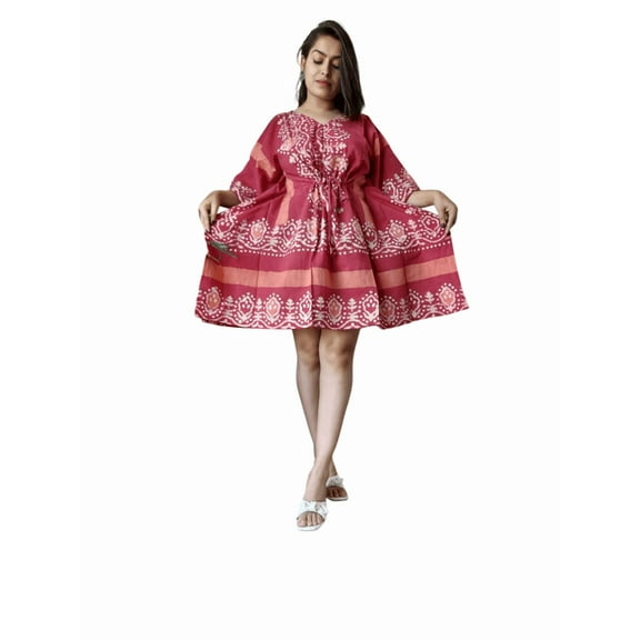 Printed Short Kaftan Dress - Lightweight Cotton for Summer