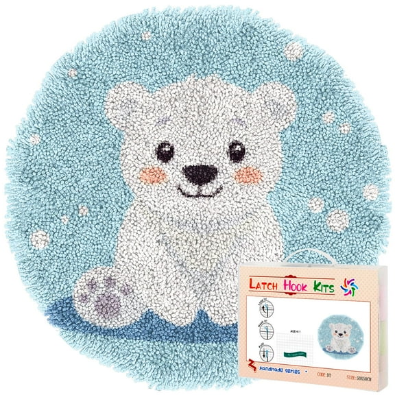 Latch Hook Rug Kit Cute White Bear Stamped Handmade Round Shape Carpet Crochet Yarn Craft DIY Hook and Latch Door Mat Tapestry for Home Floor Decor 50x50cm(5)