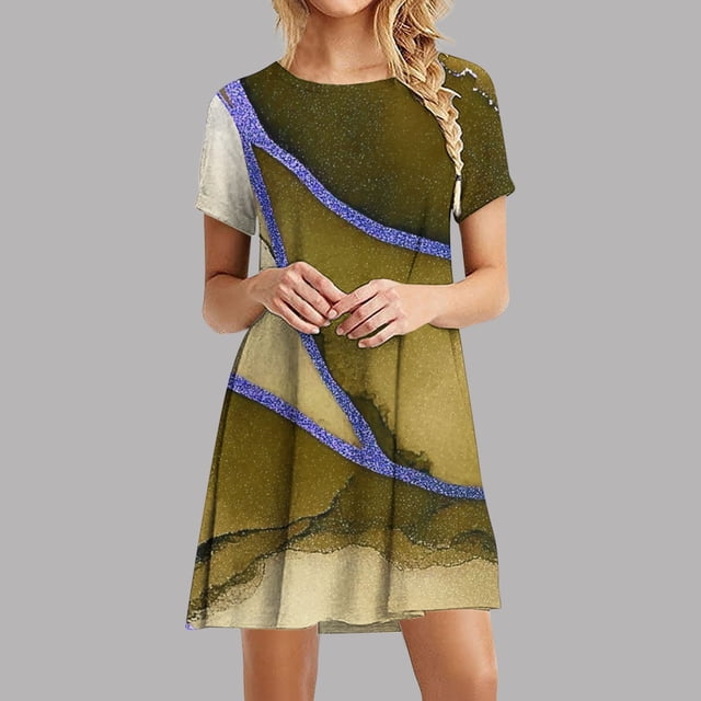 Liquidation d'Été Iumwxz Robe à Col Rond à Manches Courtes pour Femmes Tendance Ligne A Décontractée Plissée Robe Courte Robes à Imprimé Rayé Robes d'Été Décontractées pour Femmes Robe Confortable pour la Saint-Valentin