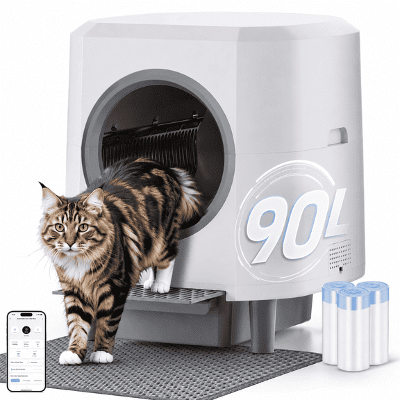 Automatic Litter Box, Self Cleaning Litter Box, 90L Large Capacity with Safety Sensor & APP Control, Odor Control, for Multiple Cats, with 3 Rolls Garbage Bags