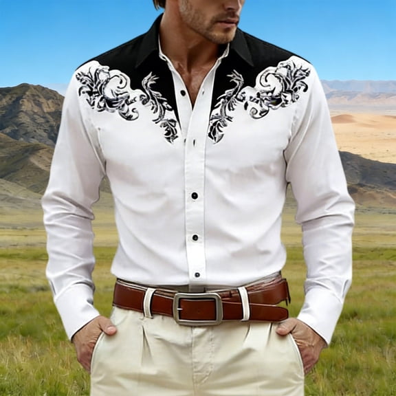 Mens Dress Shirts Western Cowboys Print Long Sleeve Button Lapel Top Casual Carnival Classic Comfortable Shirt for Men White L