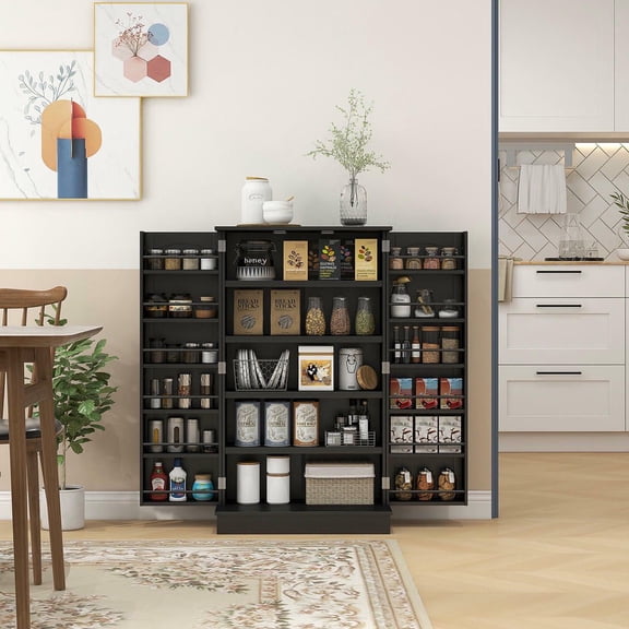 Resenkos Freestanding Kitchen Pantry Cabinet, Kitchen Cabinet with 12 Door Shelves, Double Doors, 5-tier Shelving, Black