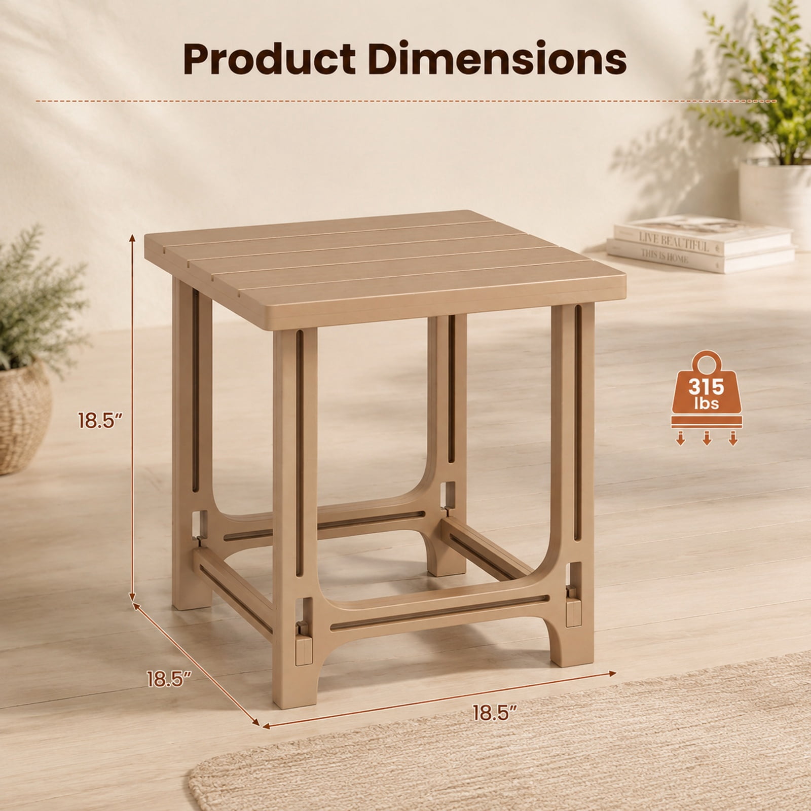 Biotree 18 Inch Adirondack Side Table, All-Weather HDPE Outdoor End Table with Wood-Look Slatted Top and 315 lbs Capacity for Deck Garden, Brown