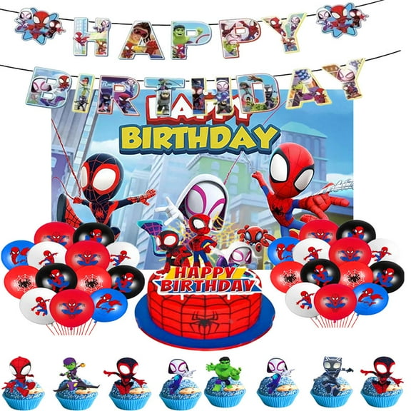 Spiderman Kids Birthday Party Decorations - Birthday Banner, Balloons, Backdrop, Cupcake Toppers