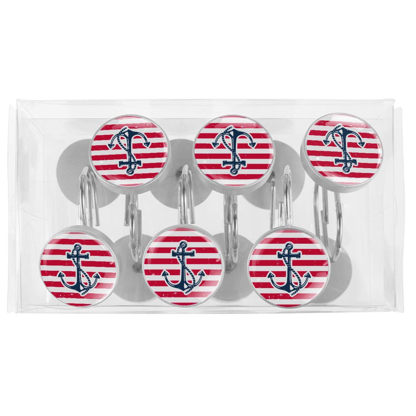 Anchor Shower Curtain Hooks（Set of 12）for Home Hotel Shower Rods Bathroom Crystal Glass Print Stainless Steel Round Curtain Hooks
