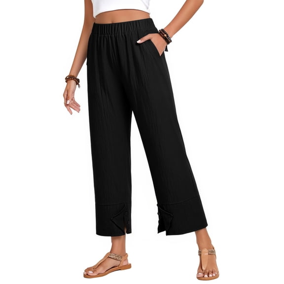 Linen Pants for Women Petite Wide Leg Baggy Elastic Waist Flowy Palazzo Casual Pants with Pockets Beach Travel Trousers Pull On Black 2XL