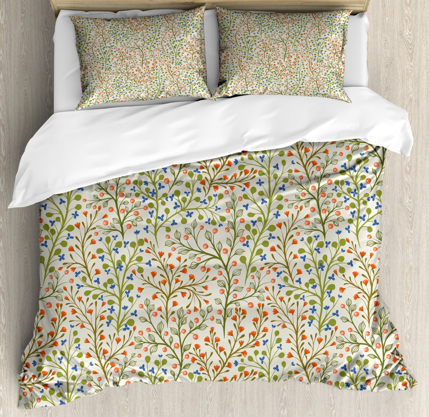 Spring Duvet Cover Set King Size, Rural Nature Inspired Pattern Different Small Flowers and