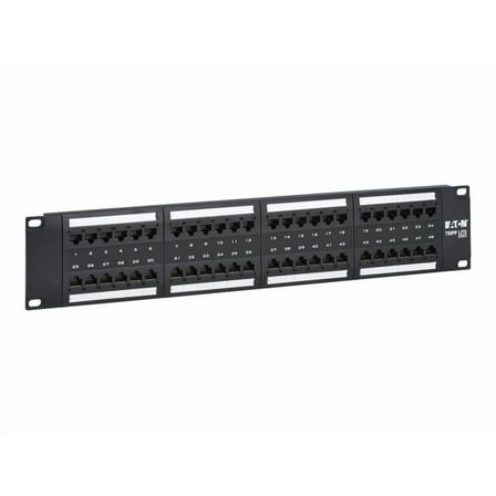Eaton Tripp Lite Series 48-Port Patch Panel for PoE Applications, Cat5/Cat5e/Cat6, Type 4 PoE   (4PPoE), RJ45 Ethernet, 2U Rackmount, Black, TAA Compliant, Lifetime Manufacturer's Warranty (N252-P48)