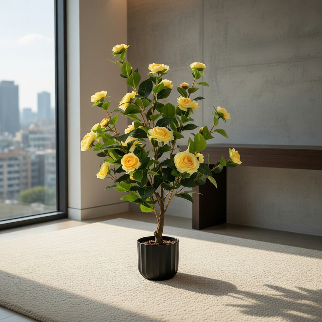 Spaco 38 Inch Artificial Flower Plant in Cement Pot, Artificial Camellia Tree Faux Flower Plant, Artificial Flower for Indoor and Outdoor, Yellow
