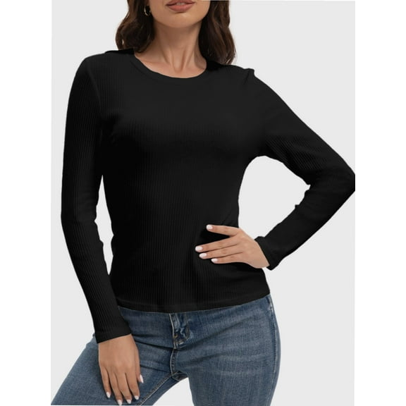 Womens Long Sleeve Stretch Crew neck T-Shirt Fitted Casual Basic Tops