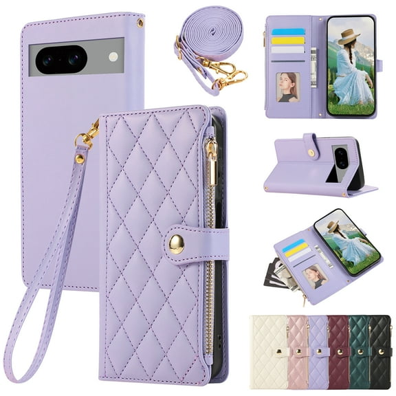 Wallet Case for Google Pixel 7 Pro, Crossbody Shoulder Strap + Hand Wrist Stylish PU Leather Flip Folio Cover Stand Cards Holder Zipper Pocket RFID Blocking Phone Case for Google Pixel 7 Pro, Purple