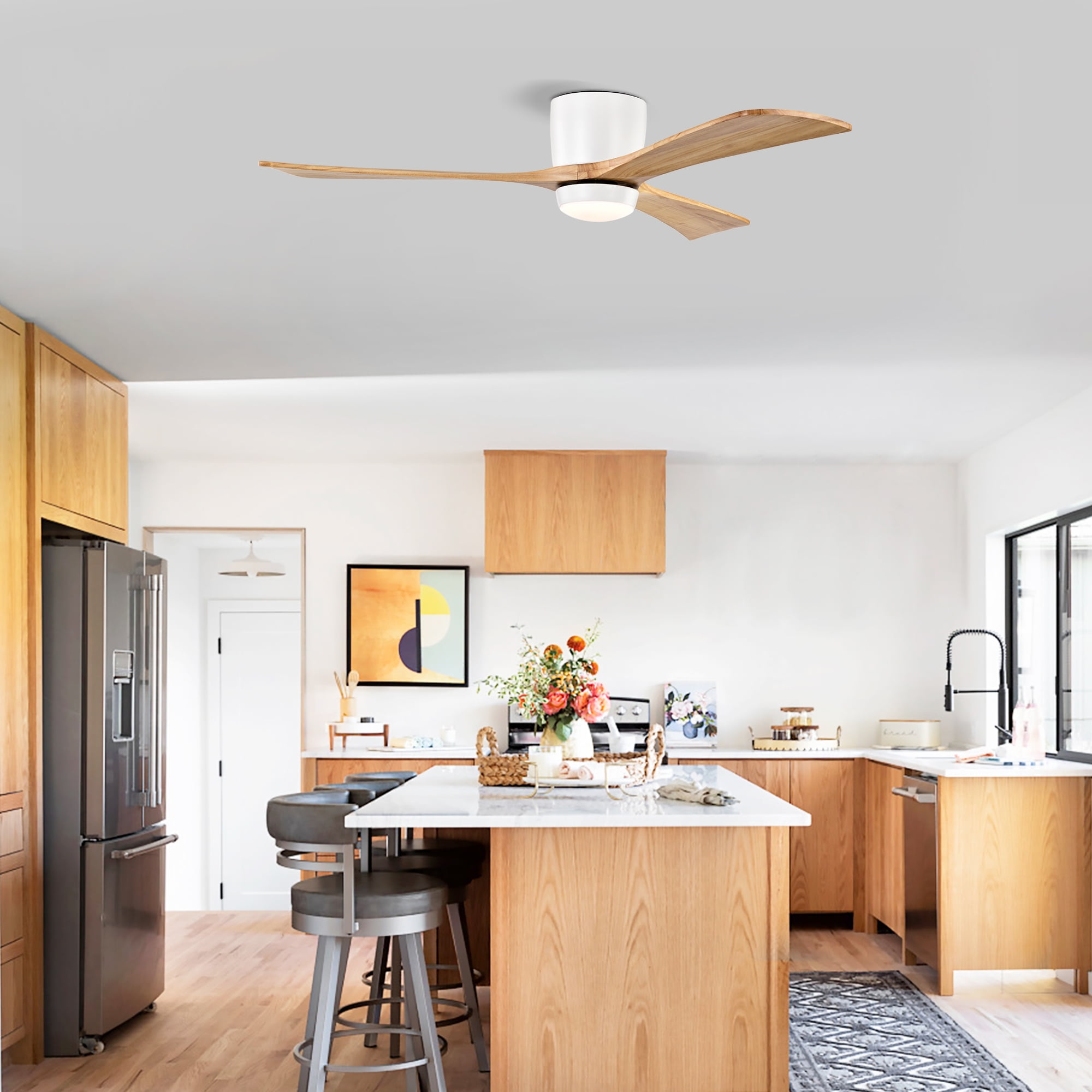 Flush Mount Ceiling Fan with Light, 52 Inch Solid Wood Blade Fan for Household Low Ceiling Room, Matte White Natural Wood