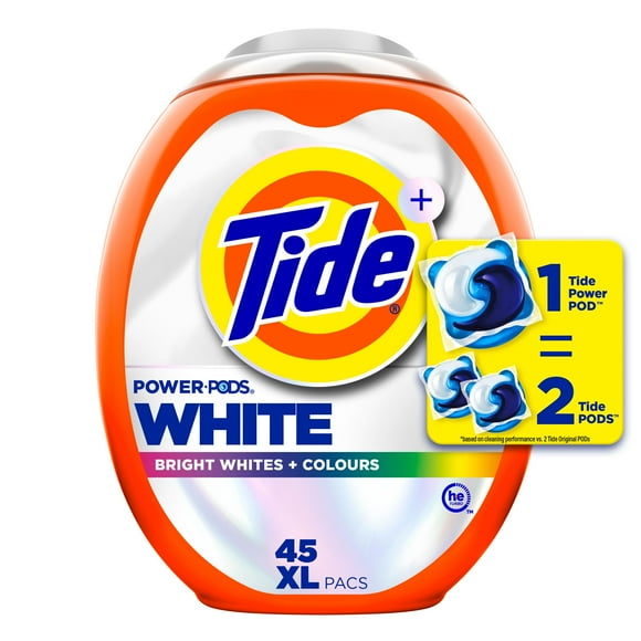 Tide Power PODS White Laundry Detergent Pacs, Brilliant Whitening + Colour Protect, 45CT