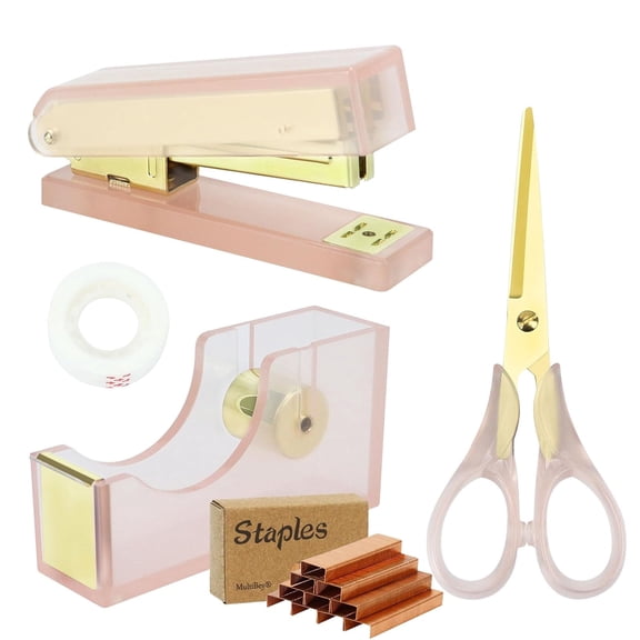 Multibey Luxury Acrylic & Rose Gold Desk Accessory Set - Heavy Duty Tape Dispenser, Stapler with 950 Staples, and Scissors - 3-Piece Modern Stationery Kit for Home Office