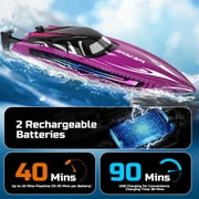 RC Boat for Kids, Remote Control Boats for Lakes and Pools, Wefone WF17 15+ MPH Summer Toys with LED Lights, Demo, 2 Batteries up to 40 Mins, Purple