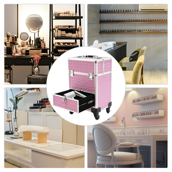 Pink Rolling Makeup Train Case with Lock, 4 Detachable Wheels, Large Capacity for Makeup Artists, Hair Stylists, and Pet Groomers