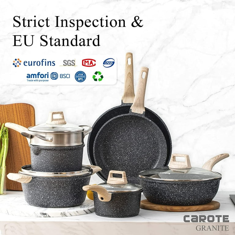 CAROTE Pots and Pans Set Nonstick, White Granite Induction Kitchen Cookware  Set, 10 Pcs Non Stick Cooking Set w/Frying Pans & Saucepans(PFOS, PFOA