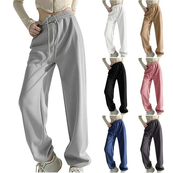 ZZwxWA Womens Straight Leg Sweatpants Casual Solid Baggy Joggers Pants Drawstring Elastic High Waist Long Pants Streetwear