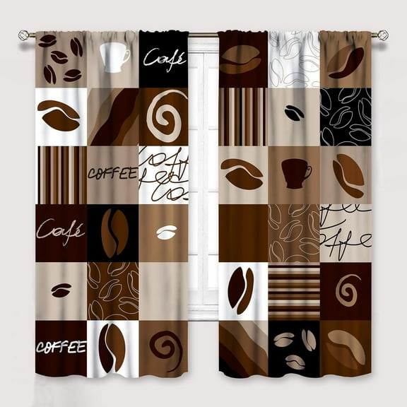 Coffee Curtains for Kitchen Window Treatments, Coffee Theme Latte Tea Cup Kitchen Curtains for Living Room,Cafe Brown Drapes 2 Panel Sets,42x54 Inch