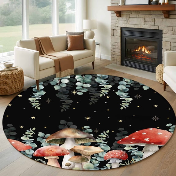 Mushroom Round Area Rug 6Ft Washable Circle Rugs for Bathroom Office, Watercolor Botanical Sage Green Eucalyptus Leaves Non-Slip Carpet Floor Mats Indoor Outdoor Carpet Runner Aesthetic Home Decor