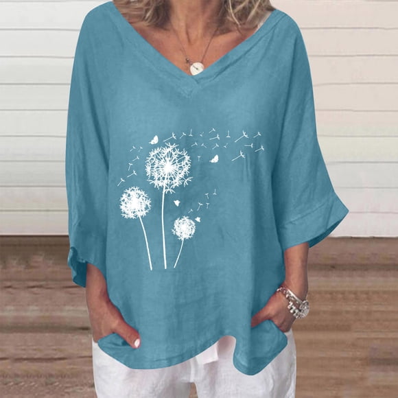 Baikeli Order Again My Orders 2024 women's 2024 Summer Tops 3/4 Sleeve Shirts Casual Vneck T-Shirts Loose Floral Print Blouses Cotton Linen Pullover 3/4 Sleeve Blouses for Women