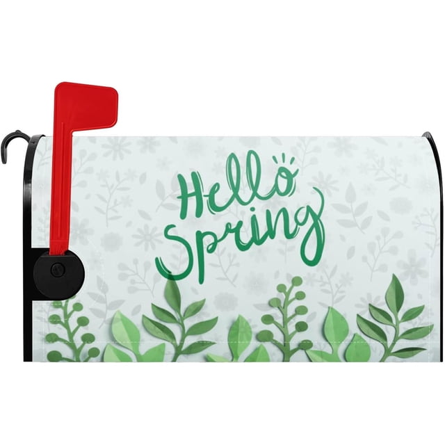 Hello Spring Magnetic Mailbox Covers Green Plants Floral Leaves Mail Box Wraps Spring Floral Leaf Poster Letter Box Cover Standard Size 21x18 Inch Waterproof Spring Outdoor Yard Decor