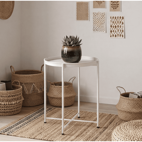 Space-Saving Round Side Table, Metal Frame Accent Table, Modern Nightstand for Indoor Outdoor Use, 1 Piece