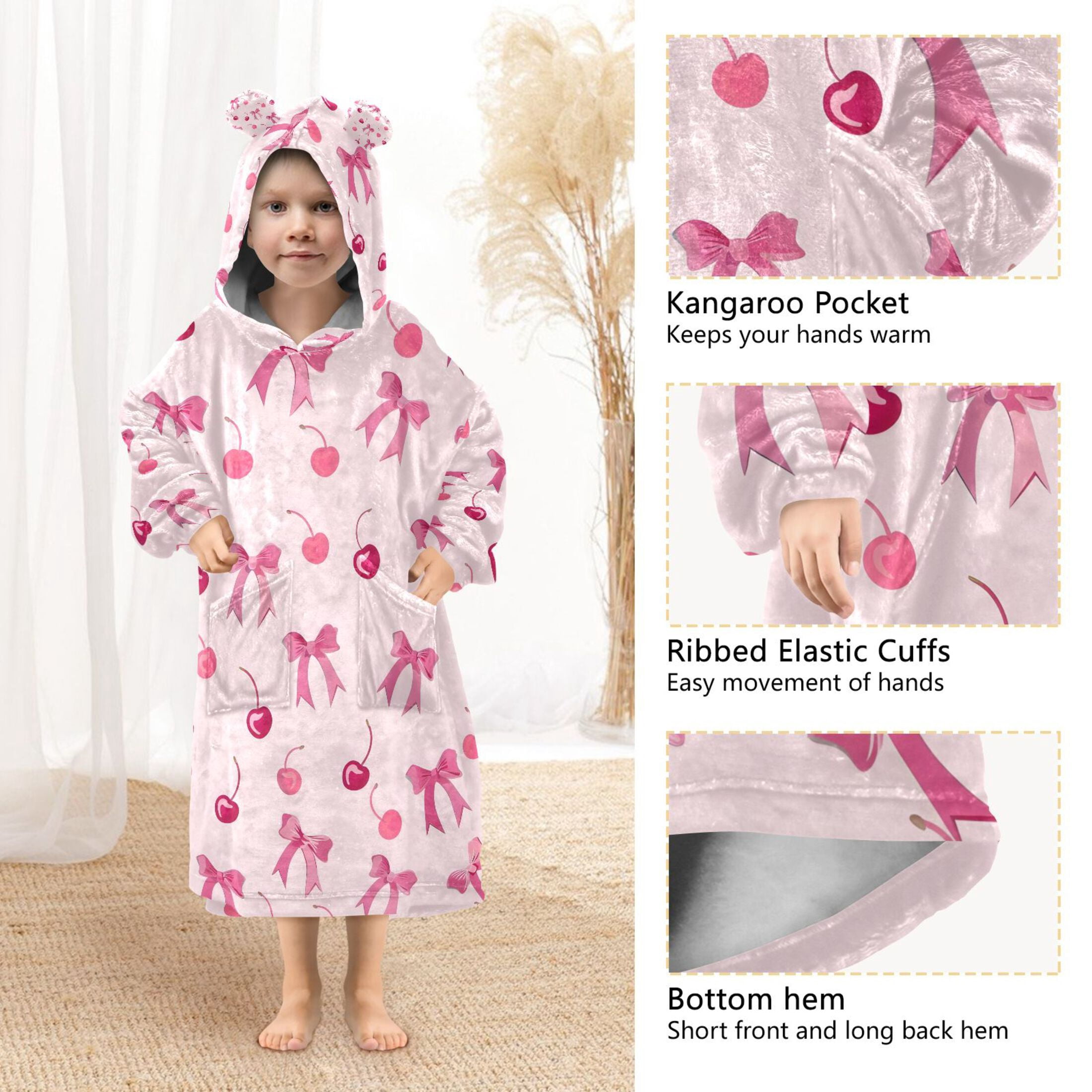 joogoo Blanket Hoodie for Bows and Cherry Oversize Sweatshirt 3-14 YR L