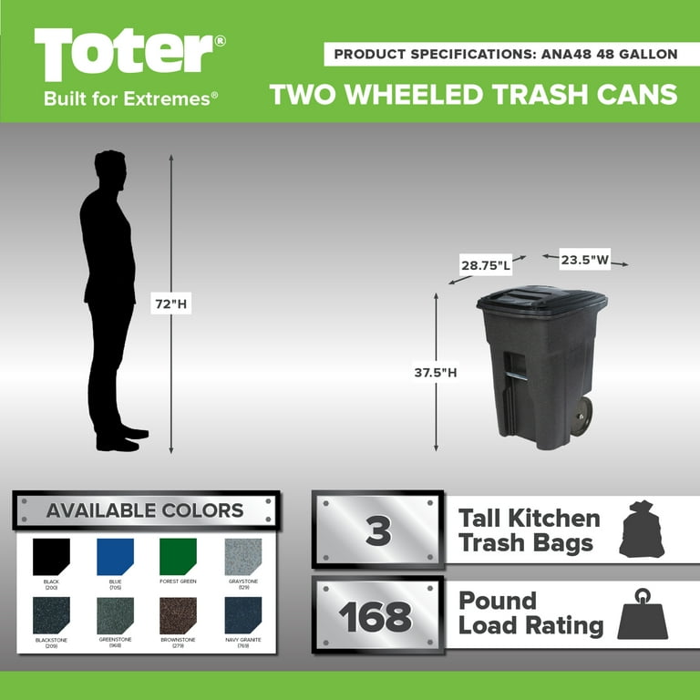 Toter 48 Gallon Trash Can Greenstone with Quiet Wheels and Lid Toter 48 Gallon Trash Can Greenstone with Quiet Wheels and Lid