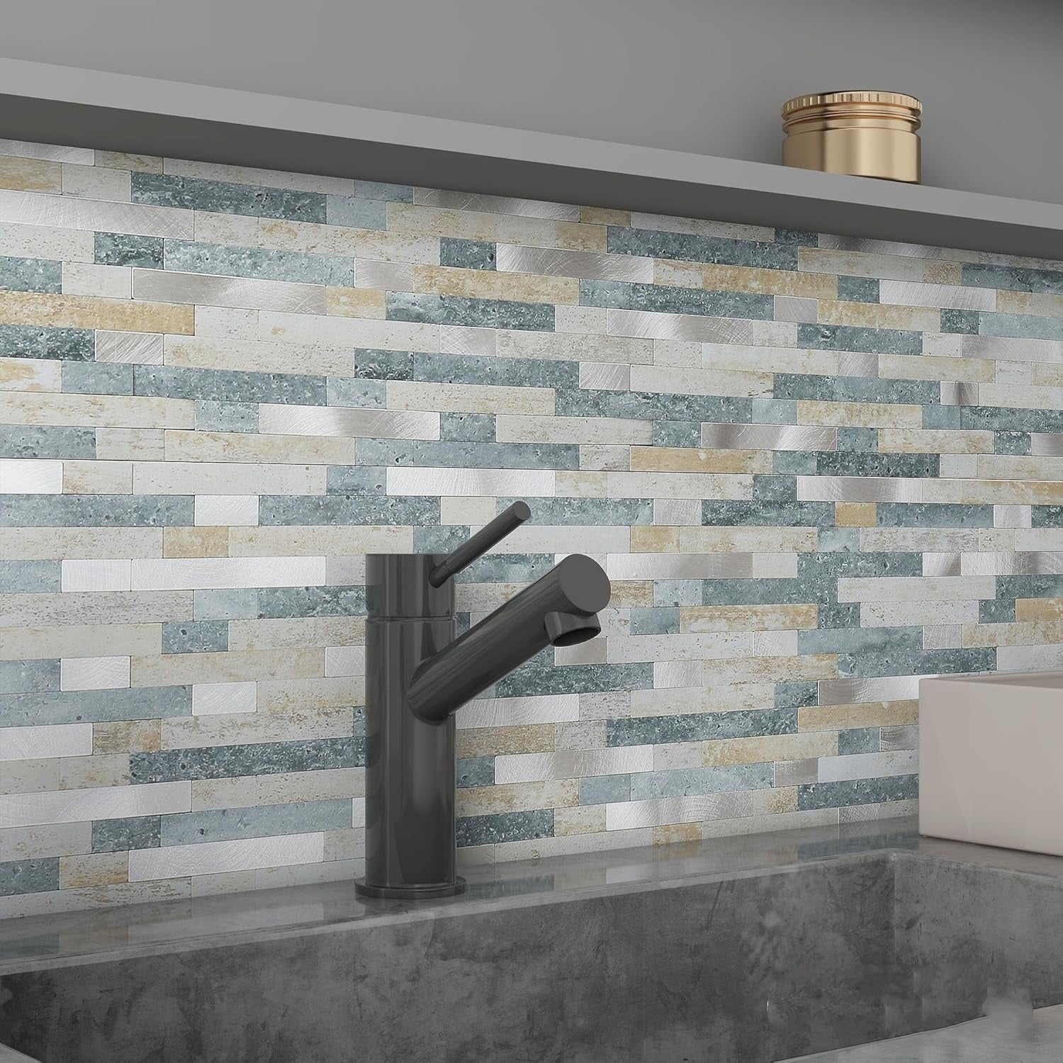 3D Stone Brick Backsplash Tile for Kitchen Peel and Stick Self-Adhesive Wall Tile,Marble Linear Mosaic Tiles Stickers Bathroom Wall Panels Fireplace Vanity (Blue Green Gray,10sheets)