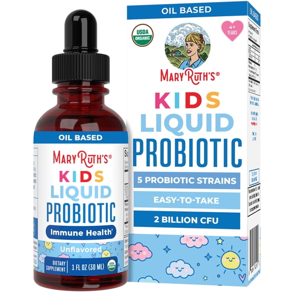 MaryRuth's Kids Liquid Probiotic for Digestive & Gut Health, Ages 4 , USDA Organic, Non-GMO, Vegan, Gluten-Free, 1-Count, 1 fl oz (30 ml)