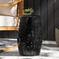 thumbnail image 3 of Hassch Metal Drum Side Table - Black Iron Accent Table with Laser-Cut Geometric Motifs, Accent Table for Patio, Garden, Outdoor or Indoor Use, 3 of 8