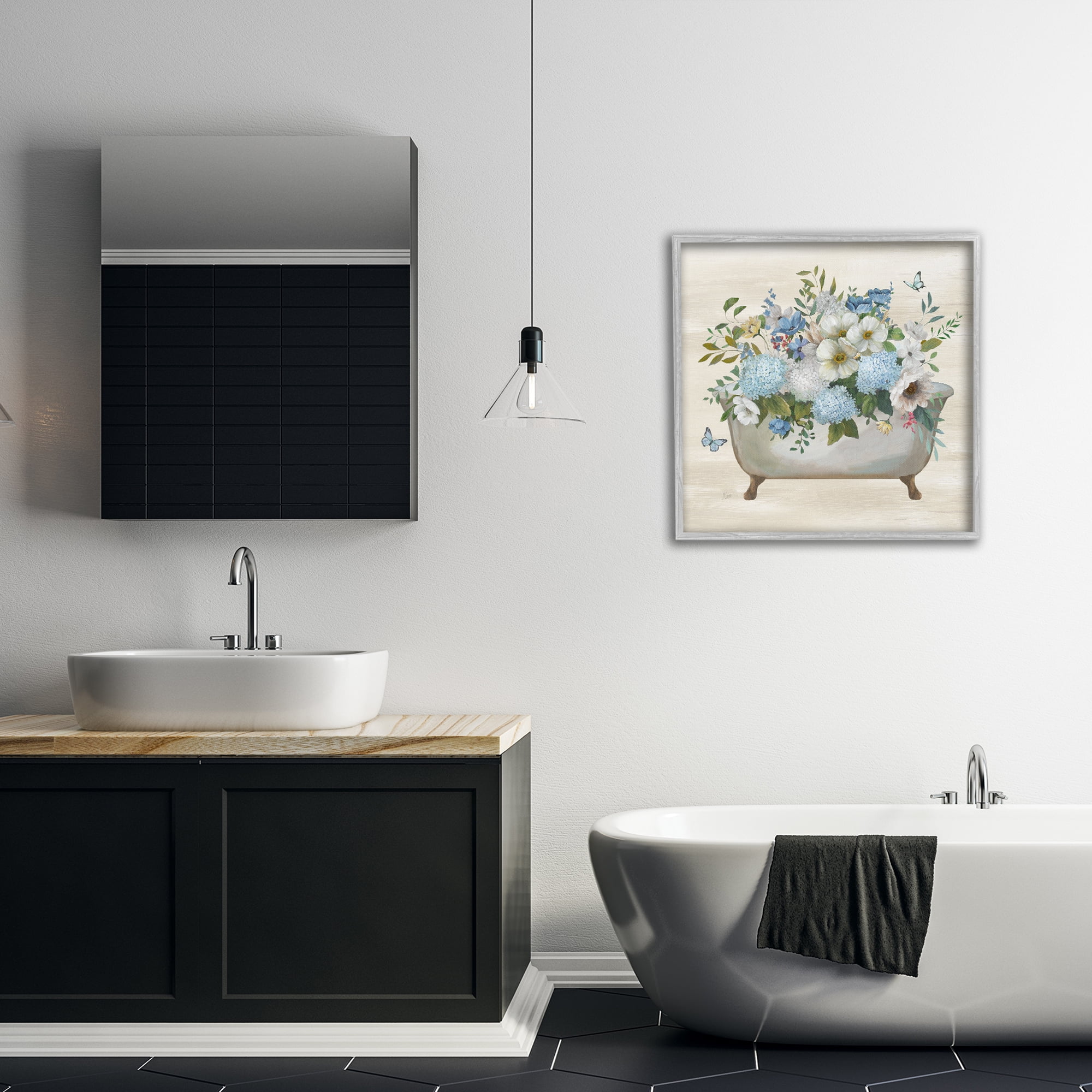 Stupell Industries Full Hydrangea Bathtub Typography Painting Gray Framed Art Print Wall Art, 24 x 24