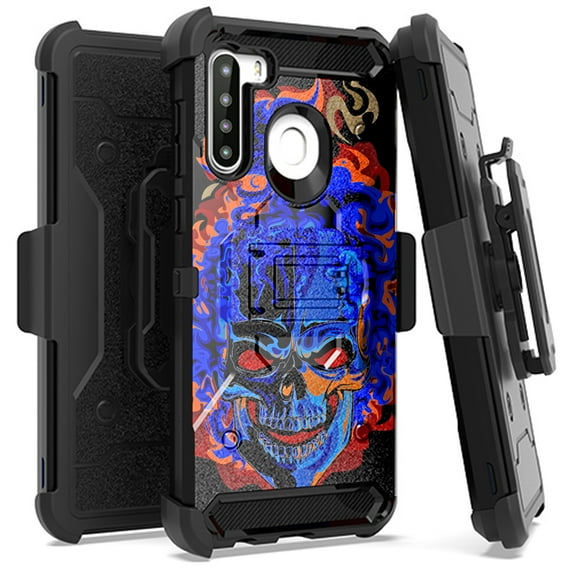DALUX Armor Hybrid Kickstand Holster Phone Case Compatible with Samsung Galaxy A21 (2020) - Blue Burning Skull
