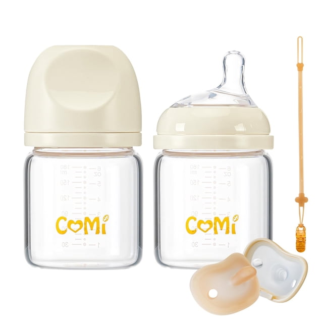 Biberones de Vidrio Natural COMI Anticólicos 180 mL 0-3 Meses Paquete de 2