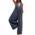 thumbnail image 2 of Womens Denim Jumpsuit Sleeveless Wide Leg Overalls Casual Loose Fit Summer V-Neck Tie Front Jean Romper, XL, 2 of 5