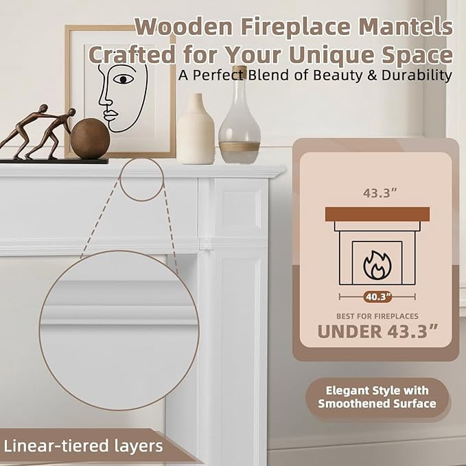EPICOZY 43.3" Fireplace Mantel, Freestanding Fireplace Surround with Leg for Electric Fireplaces, MDF Mantel Surround with Shelf for Living Room with Decorative Pattern, Anti-Tipping & Waterproof