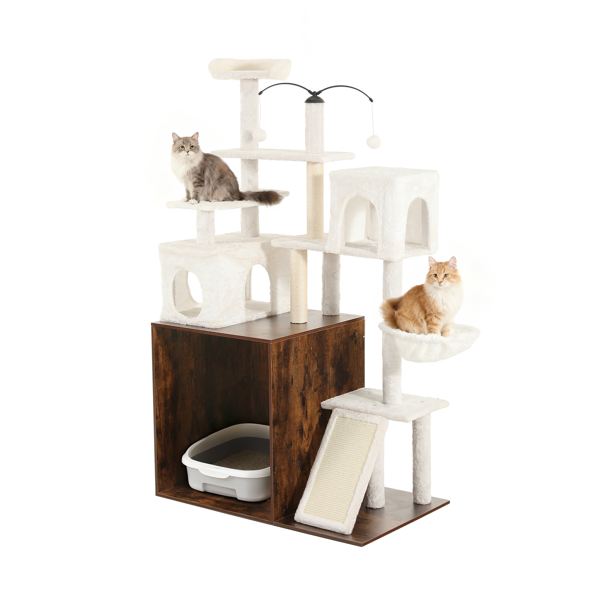 Homiflex Cat Tree for Automatic Litter Box, 68''H Cat Tower with Litter Box Enclosure, Scratching Post/Board, 2 Cat Condos, Round Hammock, Elastic Dangling Ball, Rustic Brown
