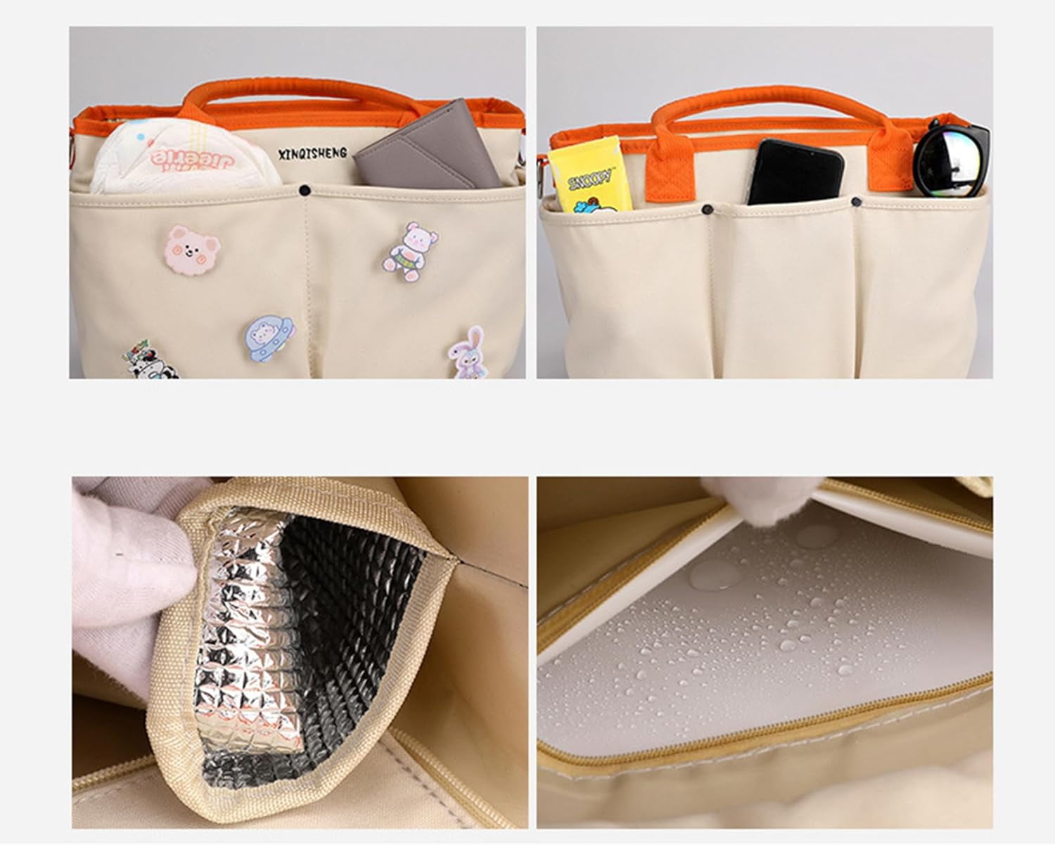 Diaper Bag Baby Tote Large Capacity Baby Changing Bag with Insulated Pockets Stroller Straps, Bear Pendant