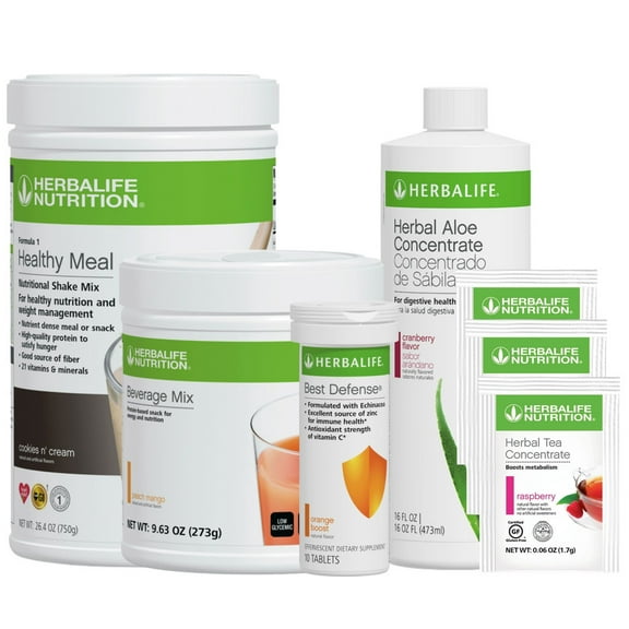 Herbal life. Aloe Cranberry Pint and Beverage Mix Peach Mango 9.63oz Combo: Formula 1 Cookies N' Cream 26.4oz, Best Defense Orange Boost 10 tablets with 3 Tea Packets Raspberry Flavor