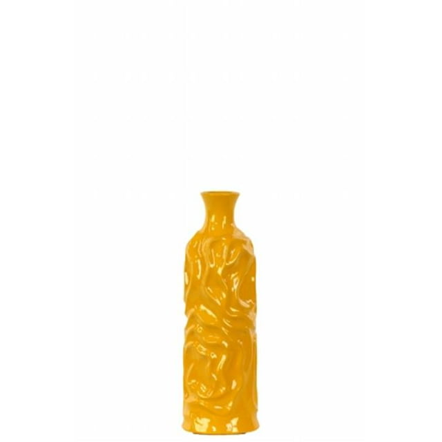 Urban Trends Collection 24458 Ceramic Round Cylindrical Vase With Neck & Wrinkled Sides- Small - Yellow