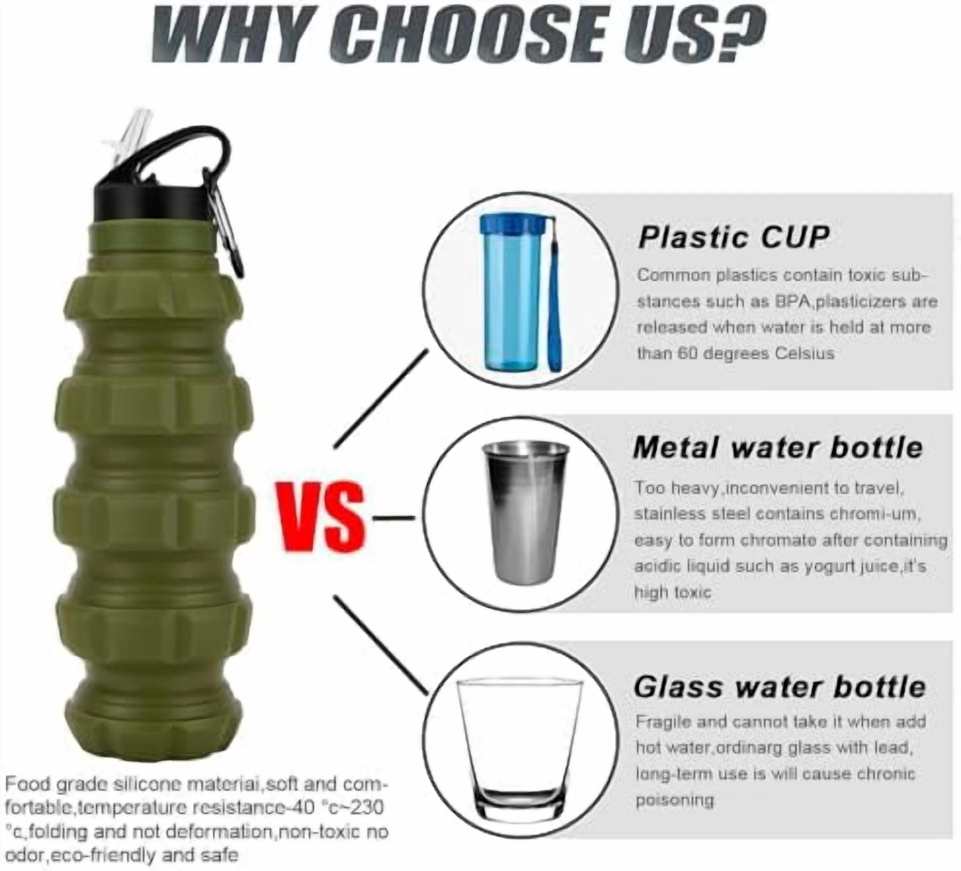 Collapsible Travel Water Bottle 19.6 oz, Reuseable Silicone Foldable Water Bottles for Gym Camping Hiking, Portable Leak Proof Sports Water Bottle with Carabiner (Noble Army Green)