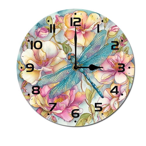 ZXCXRQFa Dragonfly Flower Wall Clock Silent 10 Inch Round Decorative Battery Operated Non Ticking Wood Quiet Clocks for Bedroom Office School Home