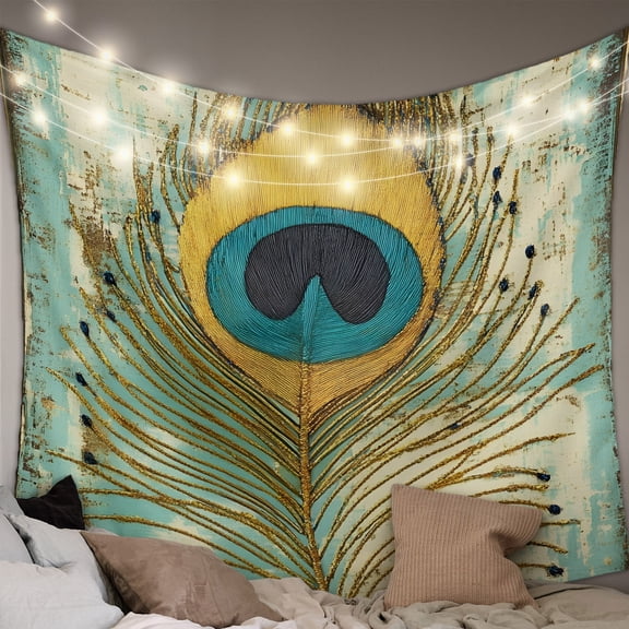 Teal Peacock Feathers Small Tapestry for Bedroom Wall Hanging Tapestry, Retro Abstract Art Watercolor Ceiling Backdrop Tapestries Poster Blanket Wall Decor for Teens Room Living Room Dorm 23" x 28"