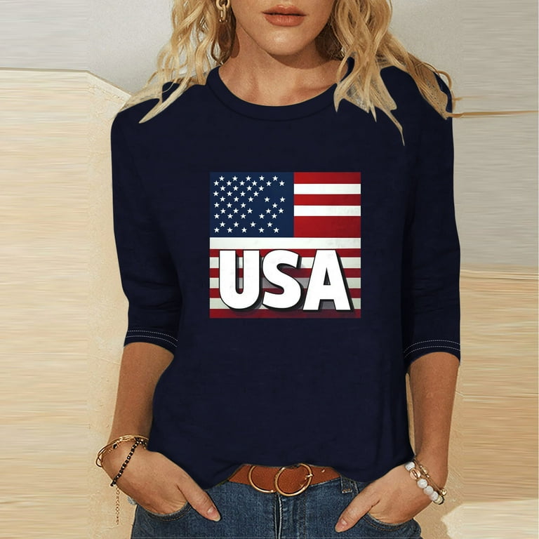 Women's American Flag V-Neck T-Shirt - Patriotic 4th Of July Top, Short Sleeve, Size XX-Large, Dark Blue