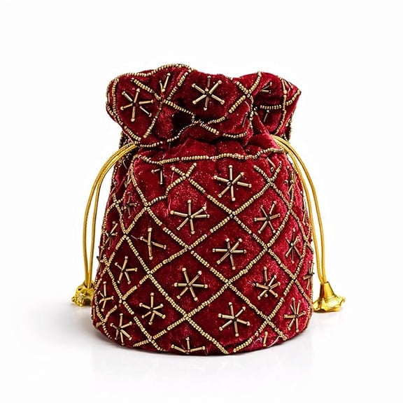 Ethnic Potli Bag for Women with Secure Drawstring, Handcrafted Pouch for Wedding, Celebration and Party Use, Elegant Carry Bag for Essentials-Maroon