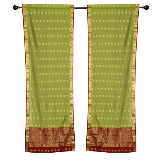 2 Green Bohemian Indian Sari Curtains Rod Pocket Living Room -80W x 63L